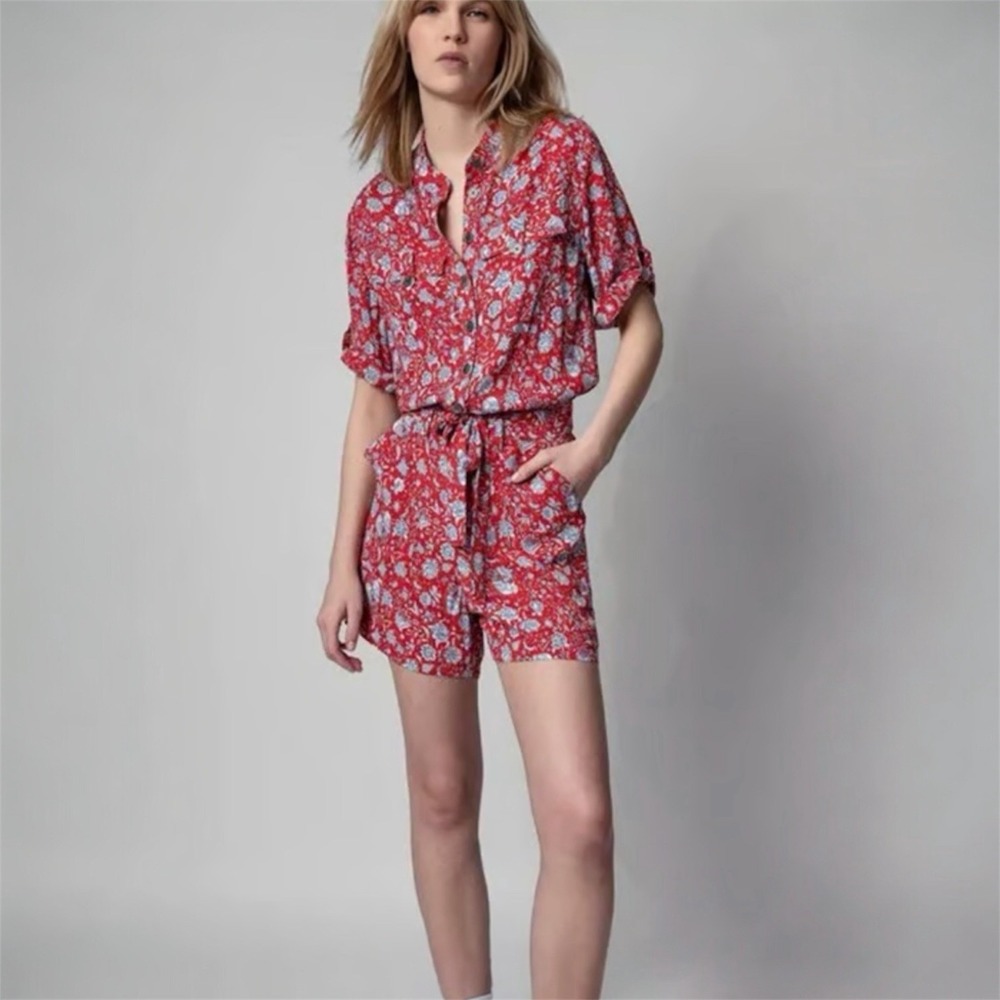 Zadig & Voltaire Cookis Flowers Field Romper Red Floral Button Tie Waist S‎